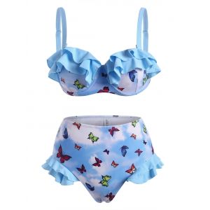 

Tiered Ruffle Butterfly Print Tie Dye Underwire High Waisted Bikini Swimwear, Light blue