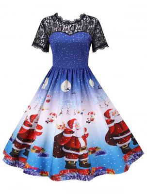 Christmas Polka Dot Santa Claus Lace Yoke Dress