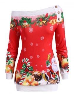 Christmas Santa Claus Snowflake Bells Candy Cane Plus Size Sweatshirt - RED - L