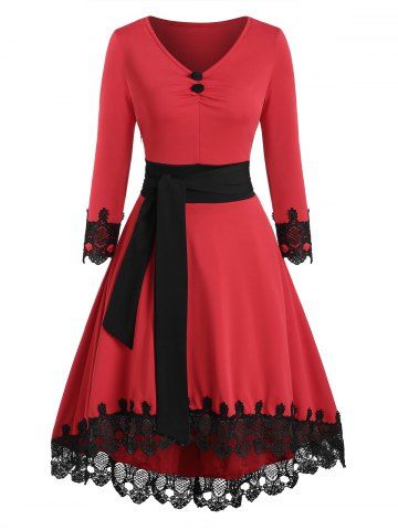 PANEL GUIPURE BOTEL BOTÓN BOTÓN CINTADO DIP DIV Vestido - RED - XXL