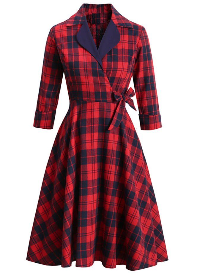 

Lapel Plaid Rolled Sleeve Surplice Bowknot Dress, Red