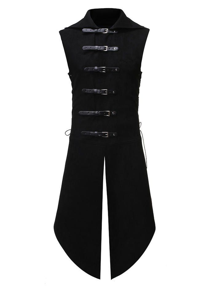 

Buckle Strap Lace-up Slit Suede Vest, Black