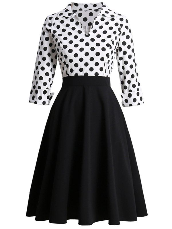 

Polka Dot V Notched Rolled Sleeves High Rise Dress, Black