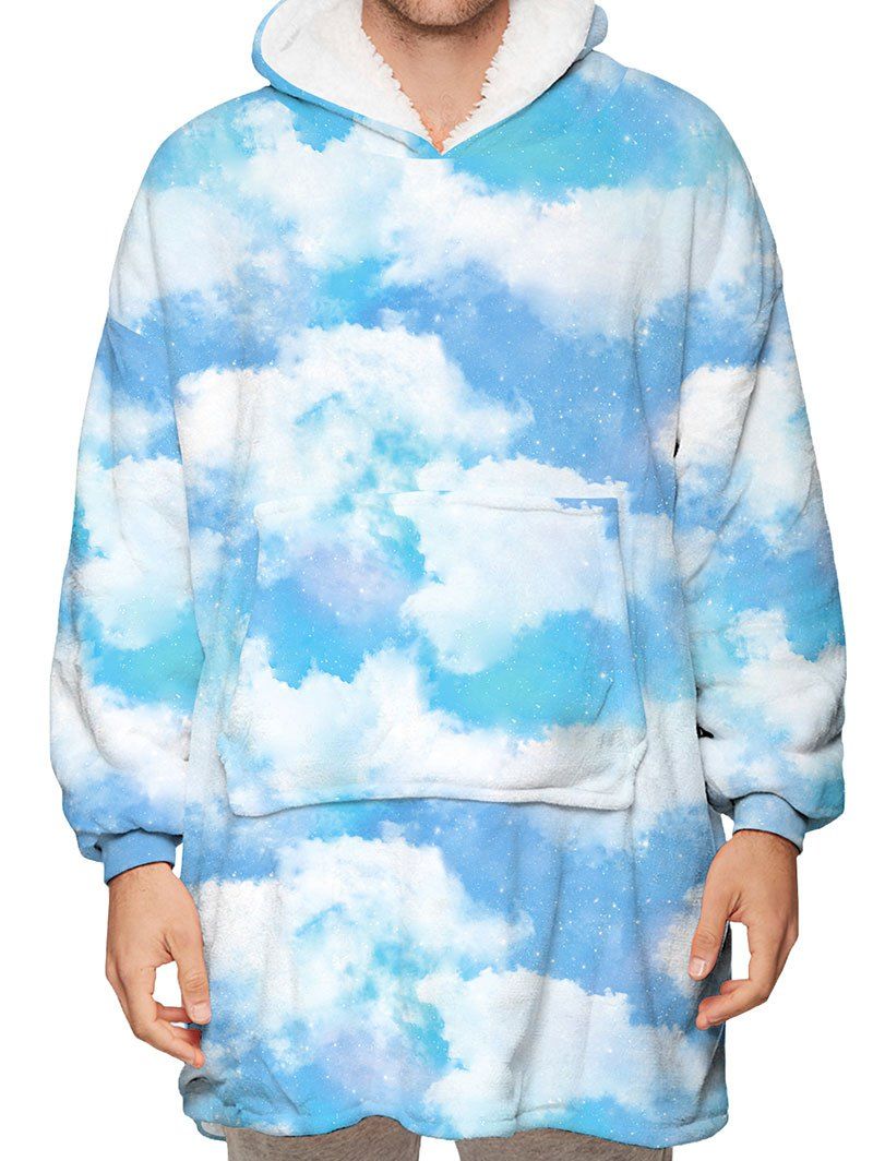 

Cloud Print Kangaroo Pocket Fleece Blanket Hoodie, Day sky blue