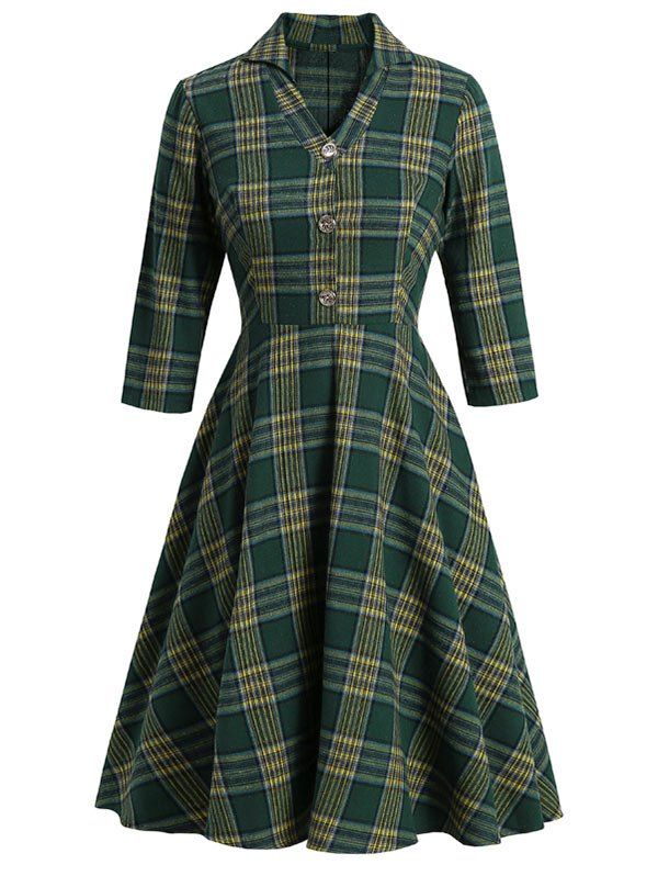 

V Notched Plaid Mock Button Midi Dress, Deep green