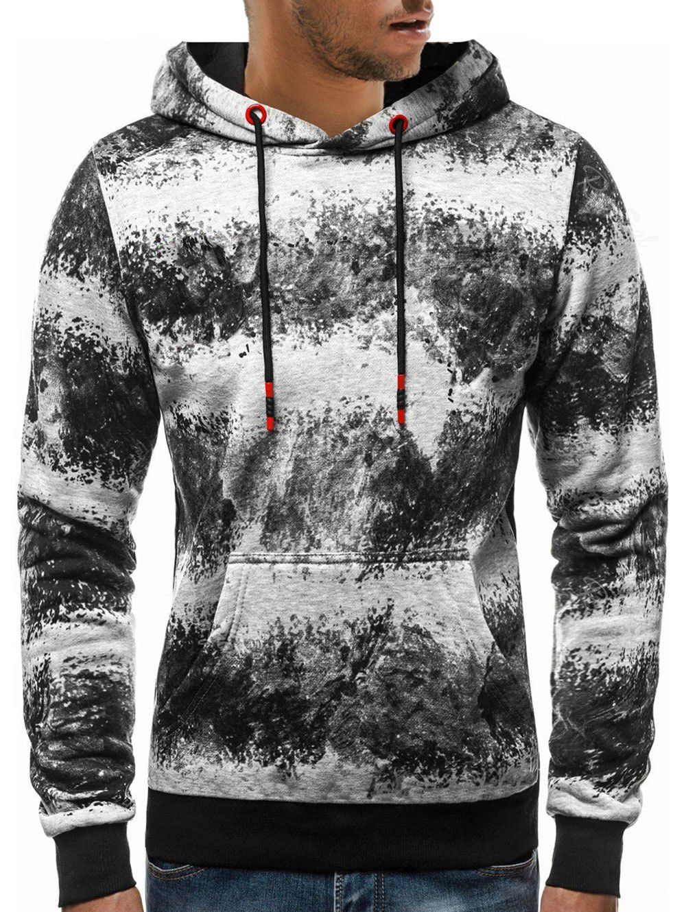 

Kangaroo Pocket Tie Dye Printed Drawstring Hoodie, Light gray