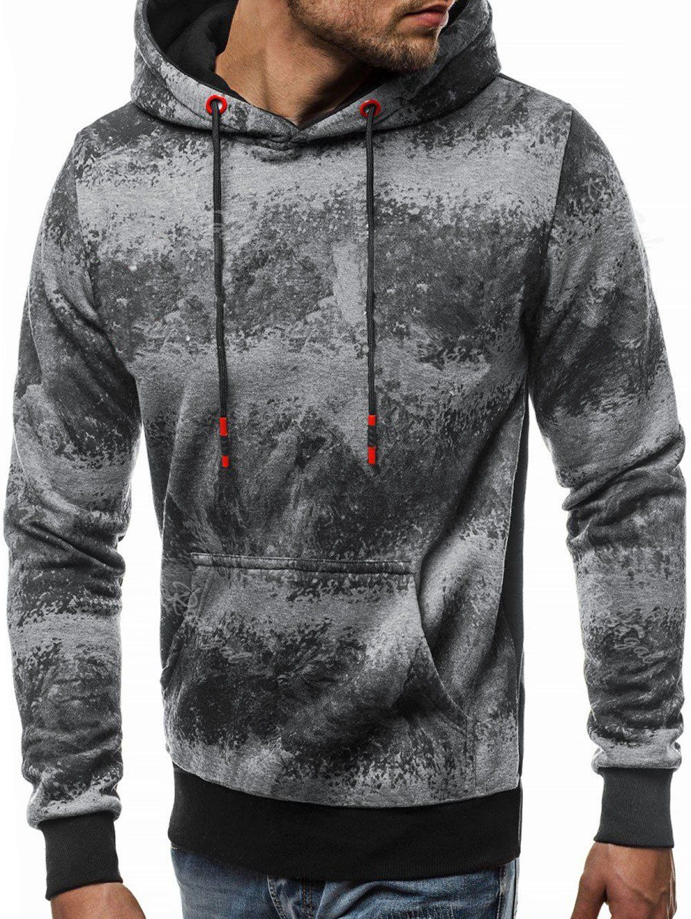

Kangaroo Pocket Tie Dye Printed Drawstring Hoodie, Dark gray
