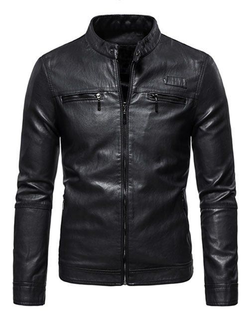 

Zipper Detail Faux Leather Fleece Jacket, Black