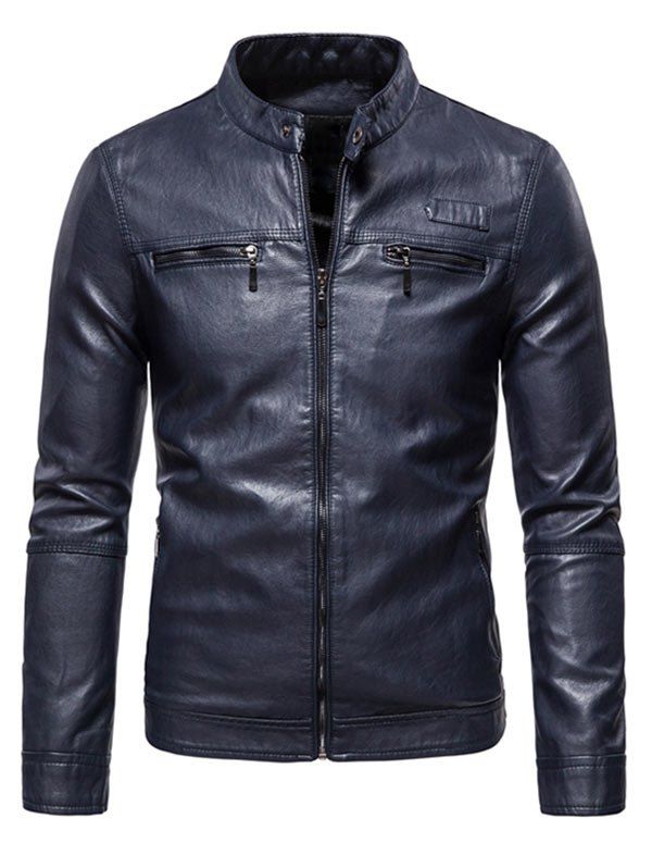 

Zipper Detail Faux Leather Fleece Jacket, Blue gray