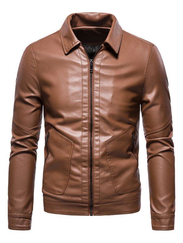 

PU Leather Zip Pocket Jacket, Brown