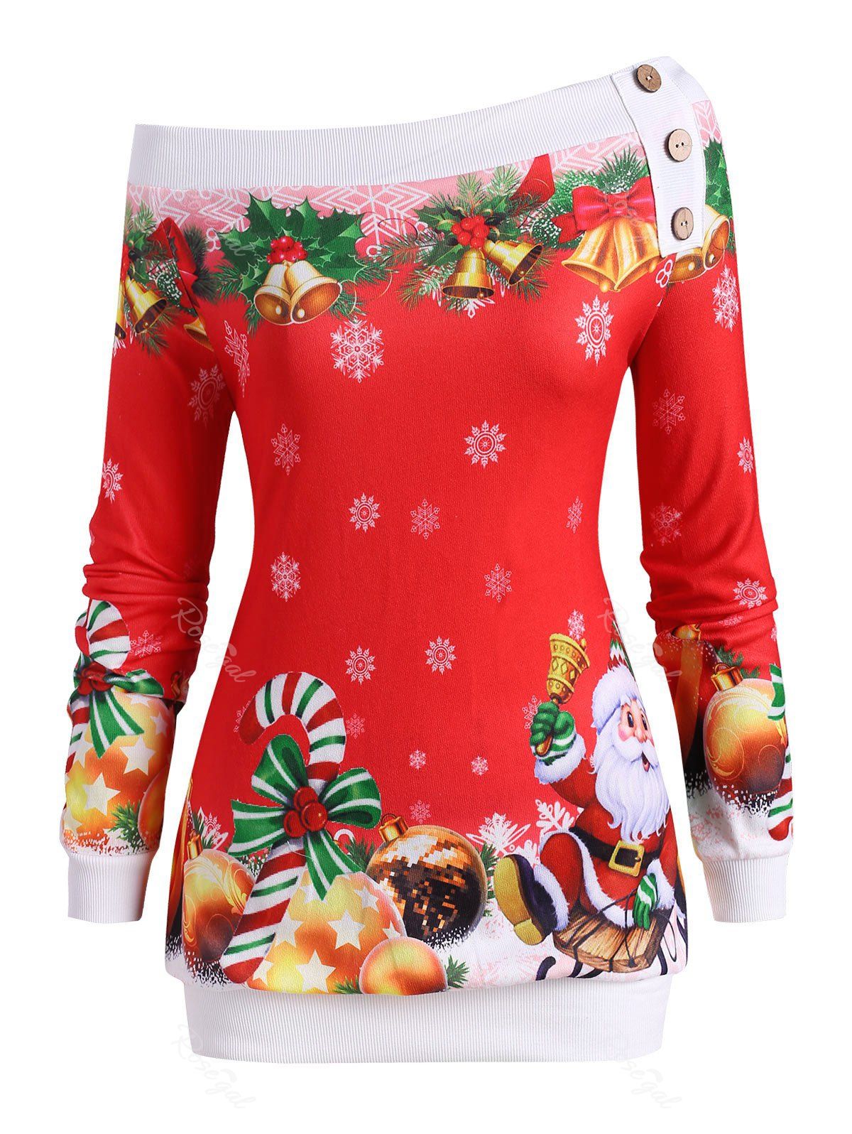 Affordable Christmas Santa Claus Snowflake Bells Candy Cane Plus Size Sweatshirt  