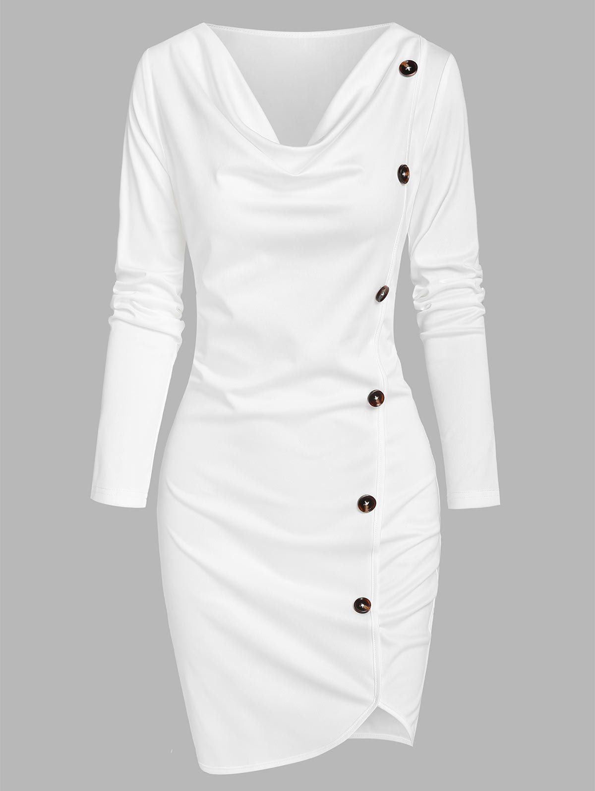 

Asymmetrical Mock Button Sheath Dress, White