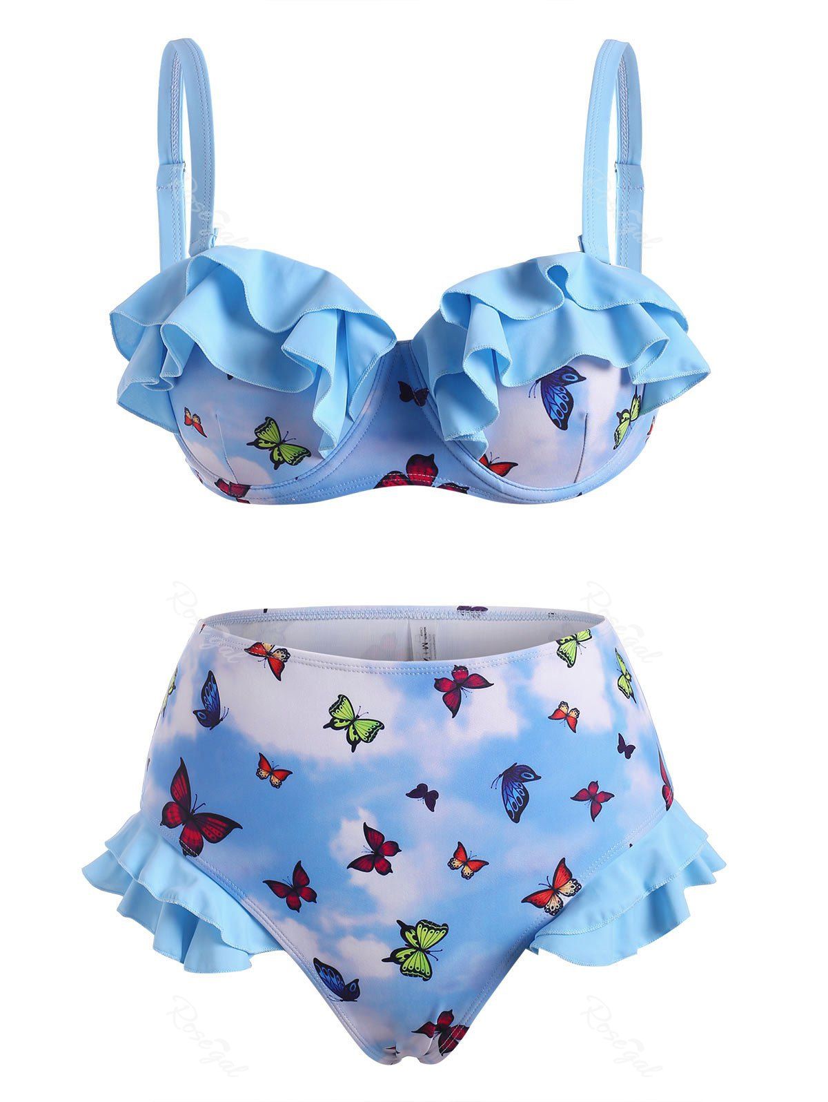 Fancy Tiered Ruffle Butterfly Print Tie Dye Underwire High Waisted Bikini Swimwear  