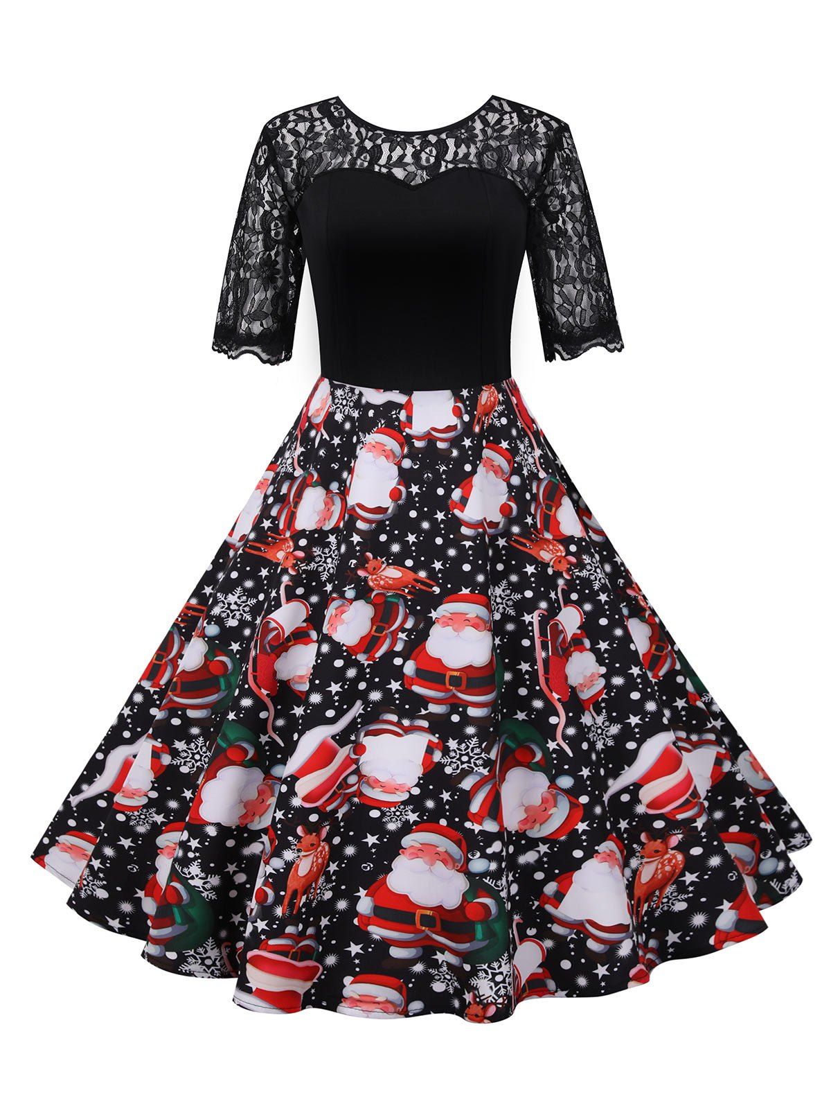 

Christmas Elk Santa Claus Lace Yoke V Back Dress, Multi-b