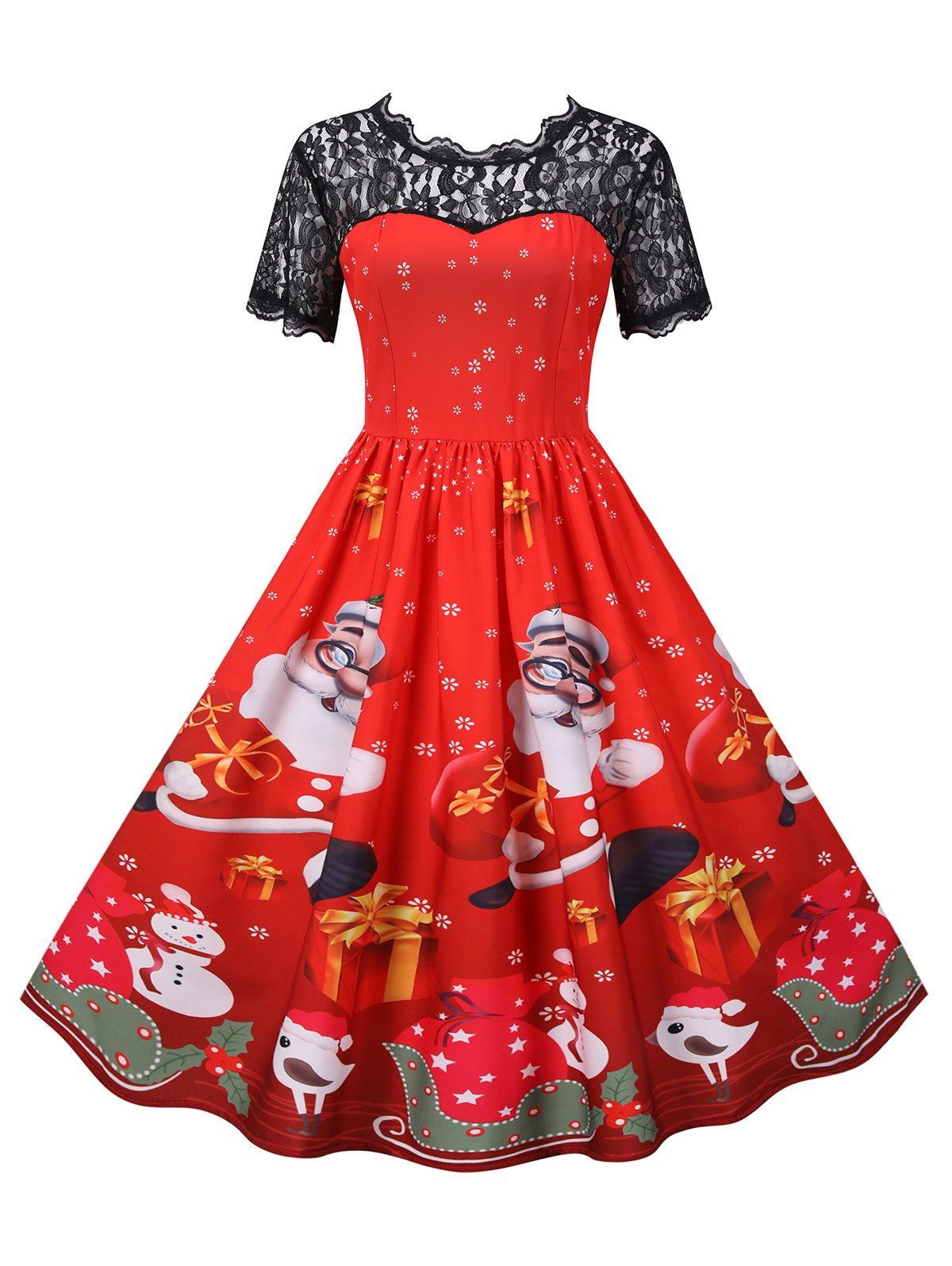 

Christmas Snowflake Santa Claus Elk Lace Yoke Dress, Red