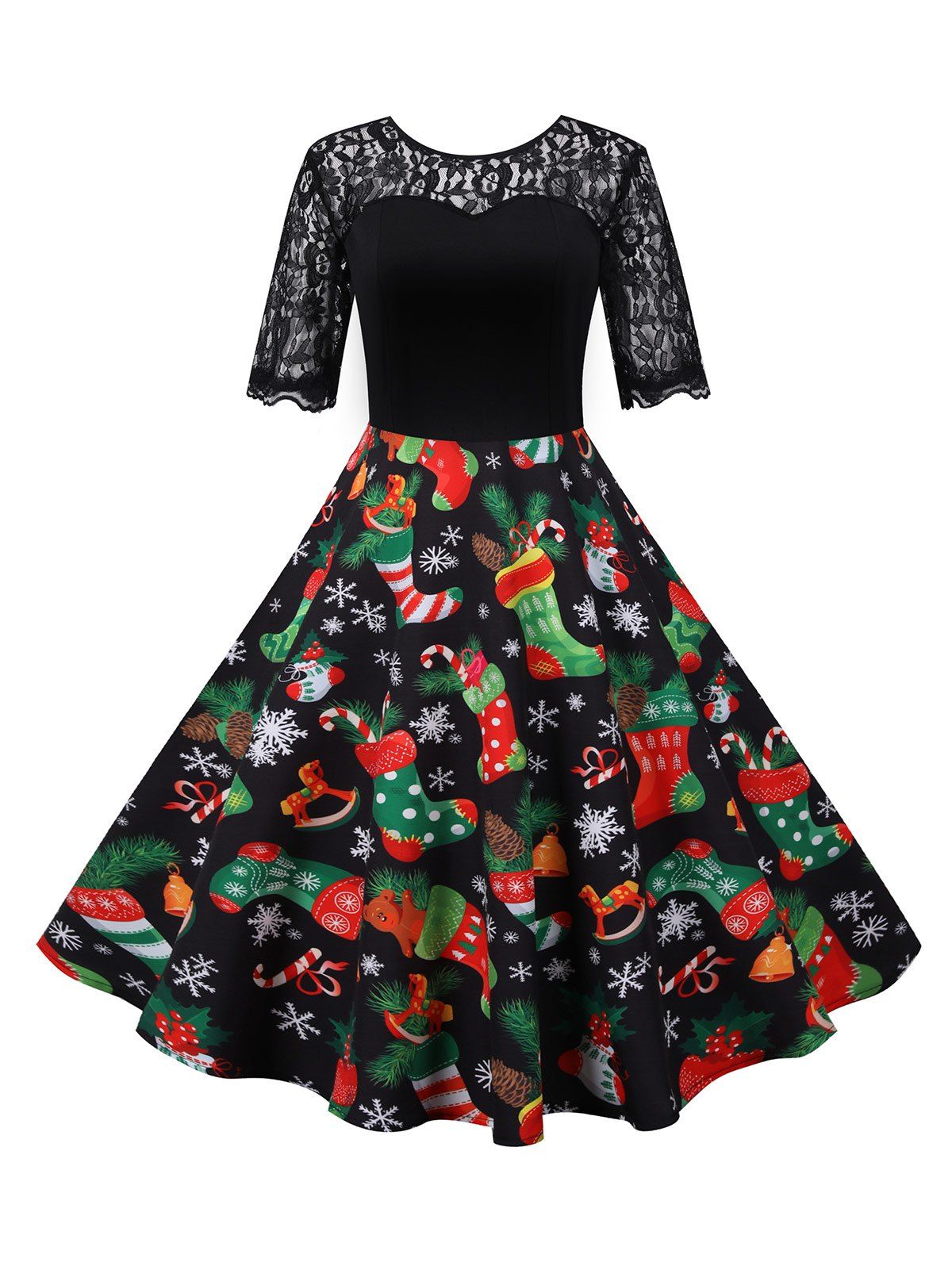 

Christmas Santa Claus Snowflake Lace Panel Half Sleeve Dress, Multi-b