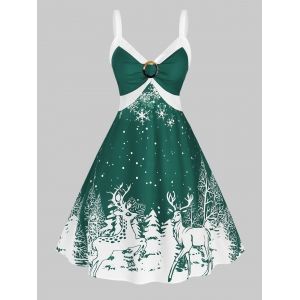 

Plus Size Christmas Bicolor Elk Snowflake Print Dress, Sea turtle green