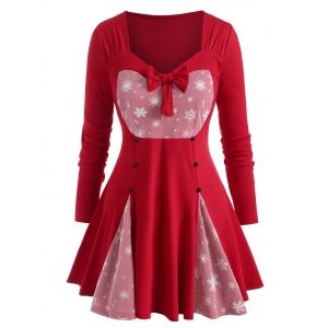 

Plus Size Christmas Bowknot Snowflake Mesh Insert T Shirt, Red