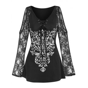 

Lace Sheer Sleeve Open Shoulder Printed Tee, Black