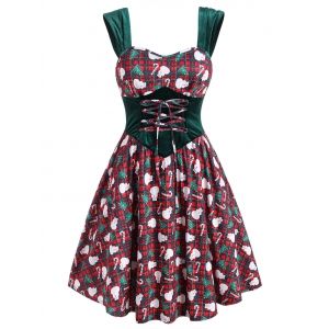 

Christmas Plaid Snowman Candy Cane Velvet Panel Plus Size Dress, Green