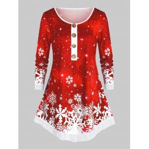 

Christmas Mock Button Snowflake Print T Shirt, Red