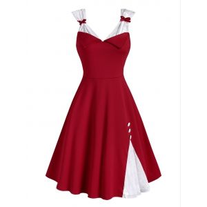 

Bowknot Christmas Velvet Panel Mock Buttons Dress, Red