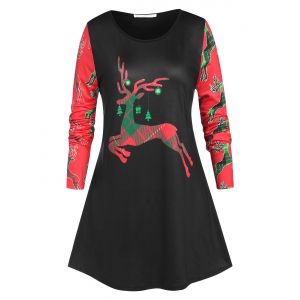 

Plus Size Christmas Elk Print Contrast Sleeve Tunic Tee, Black