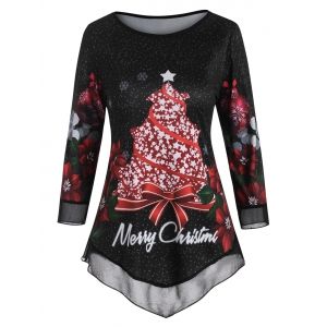 

Floral Snowflake Merry Christmas Mesh Panel Top, Black