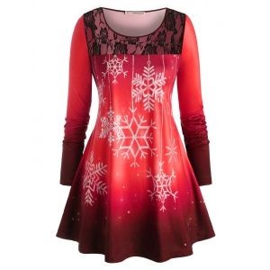 

Plus Size Christmas Snowflake Lace Panel Long Sleeve Tee, Red