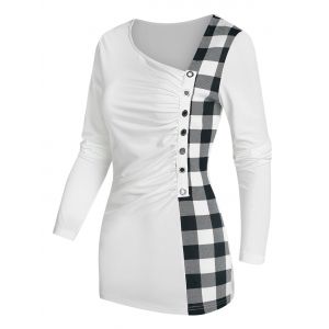 

Plaid Panel Grommet Asymmetric T Shirt, White
