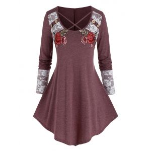 

Plus Size Crisscross Lace Insert Applique T Shirt, Red wine