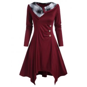 

Plaid Panel Mock Buttons Ruched Long Sleeve Dress, Deep red