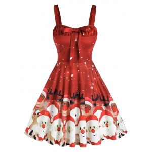 

Santa Printed Bowknot Pleated Flare Dress, Red