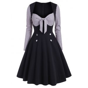 

Vintage Gingham Mock Button Tied Dress, Black