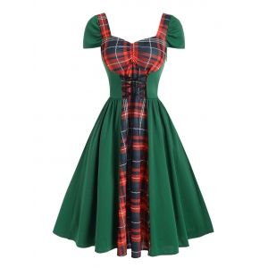 

Vintage Lace Up Ruched Plaid Cap Sleeve Dress, Multi