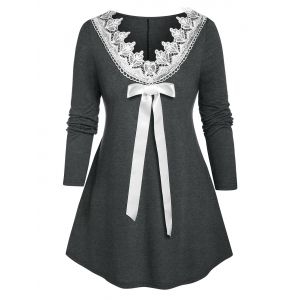 

Plus Size Bowknot Guipure Lace Tunic Long Sleeve Tee, Dark slate grey