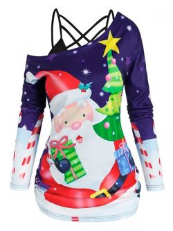 Christmas Tree Santa Claus Print Skew Neck T-shirt and Strappy Cami Top - CONCORD - 3XL