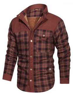 Button Up Plaid Print Fleece Jacket - COFFEE - S