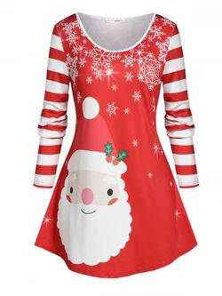 T-Shirt Tunique à Rayures et Motif Flocons de Neige de Noël Grande-Taille - RED - 2X