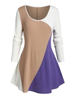 Plus Size Color Blocking Ribbed Curved Hem Tunic Sweater