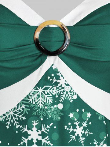 Plus Size Christmas Bicolor Elk Snowflake Print Dress