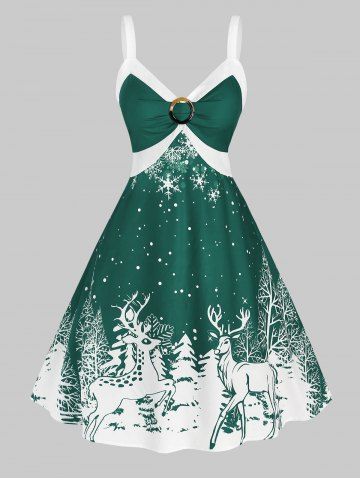 Plus Size Christmas Bicolor Elk Snowflake Print Dress