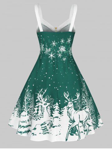 Plus Size Christmas Bicolor Elk Snowflake Print Dress