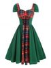 Vintage Lace Up Ruched Plaid Cap Sleeve Dress -  