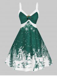 Plus Size Christmas Bicolor Elk Snowflake Print Dress -  