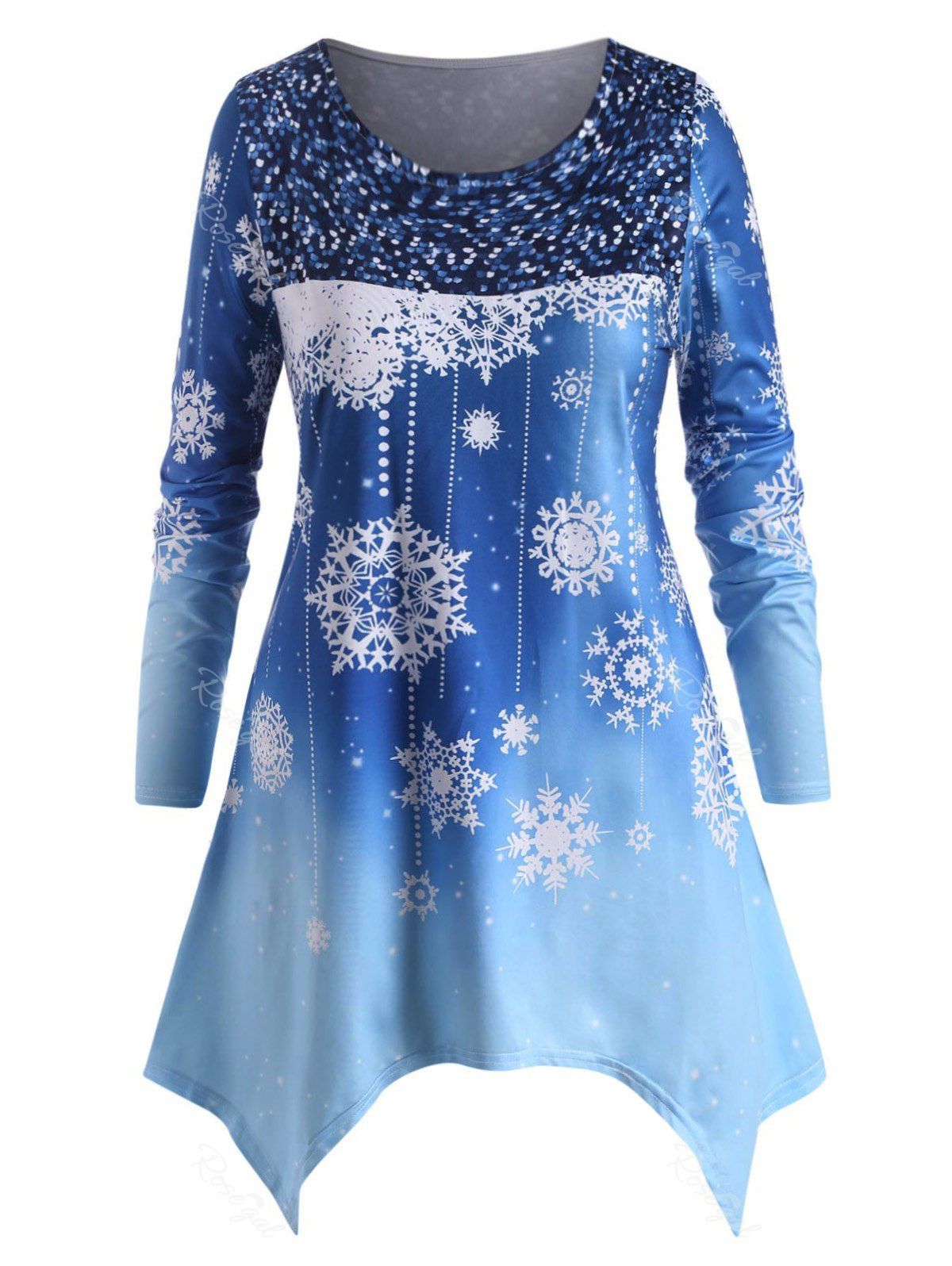 

Plus Size Christmas Handkerchief Snowflake Print T Shirt, Blue