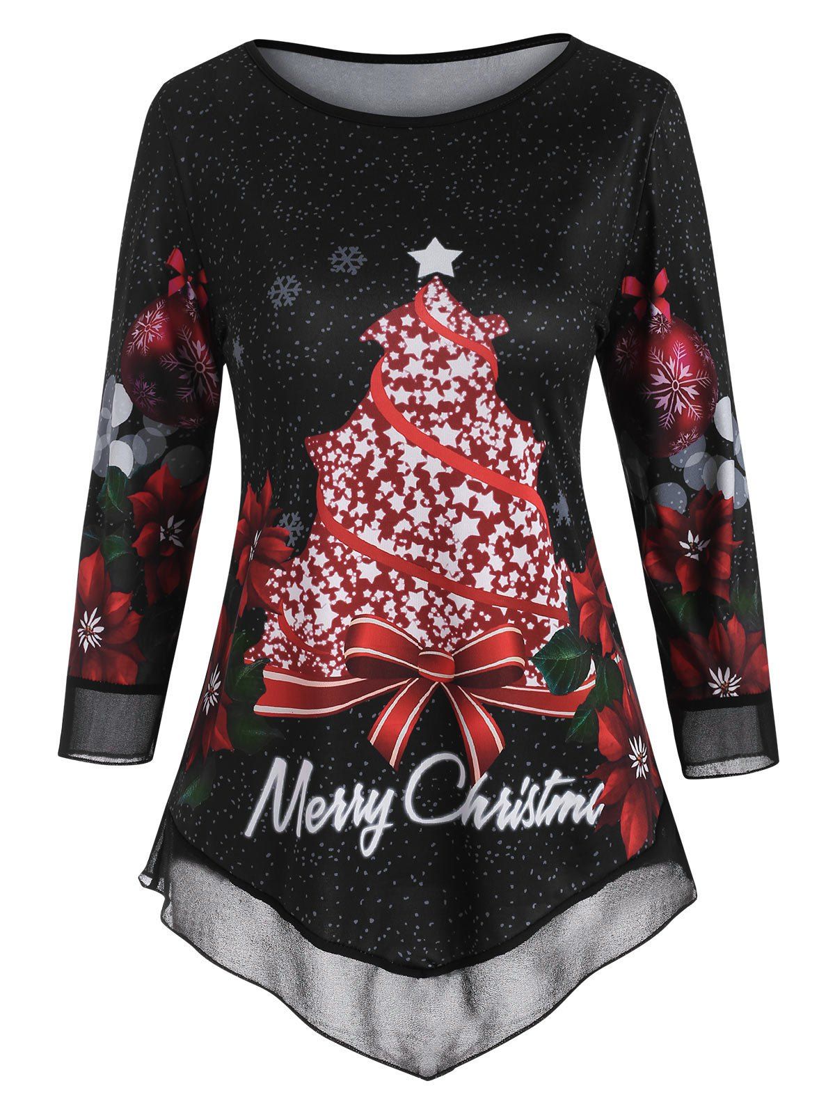 

Floral Snowflake Merry Christmas Mesh Panel Top, Black