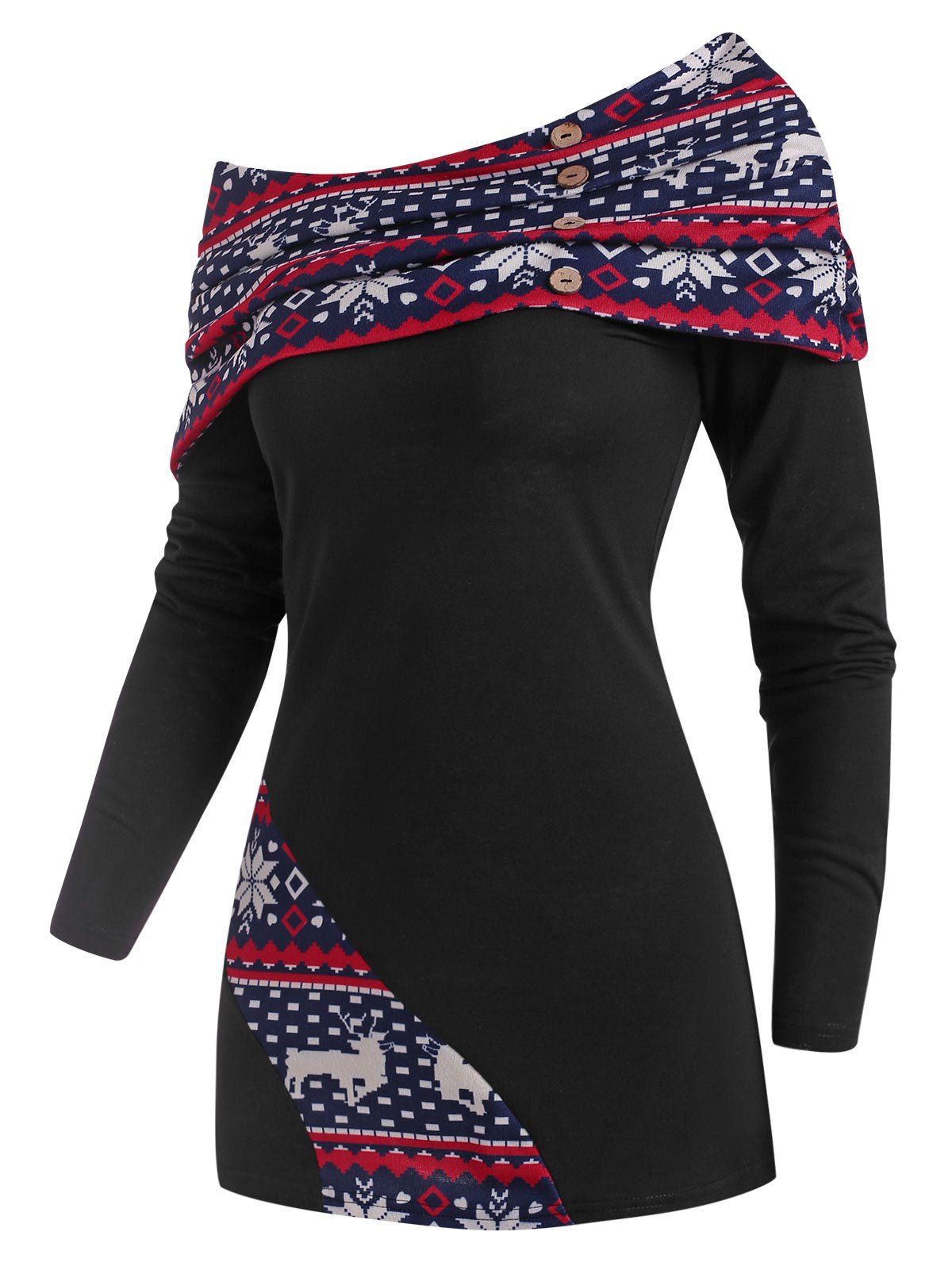 

Elk Snowflake Overlay Collar Christmas Top, Black