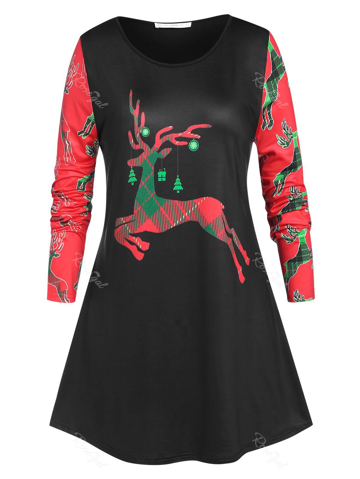 

Plus Size Christmas Elk Print Contrast Sleeve Tunic Tee, Black