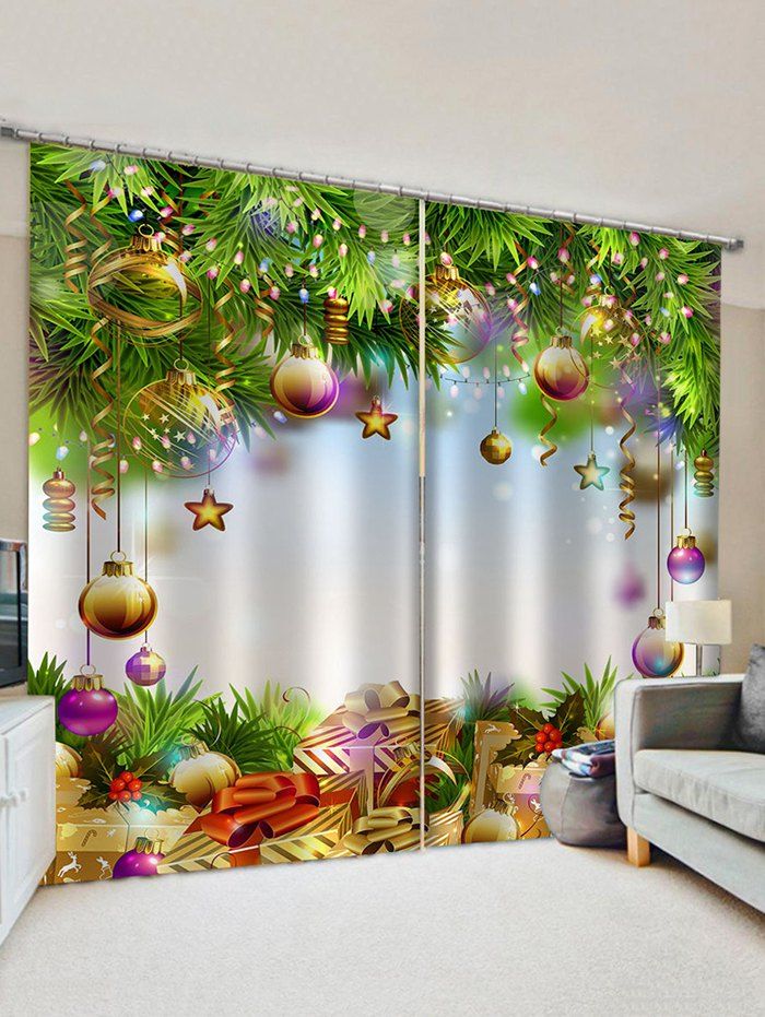 Sale 2 Panels Christmas Balls Gifts Print Window Curtains  